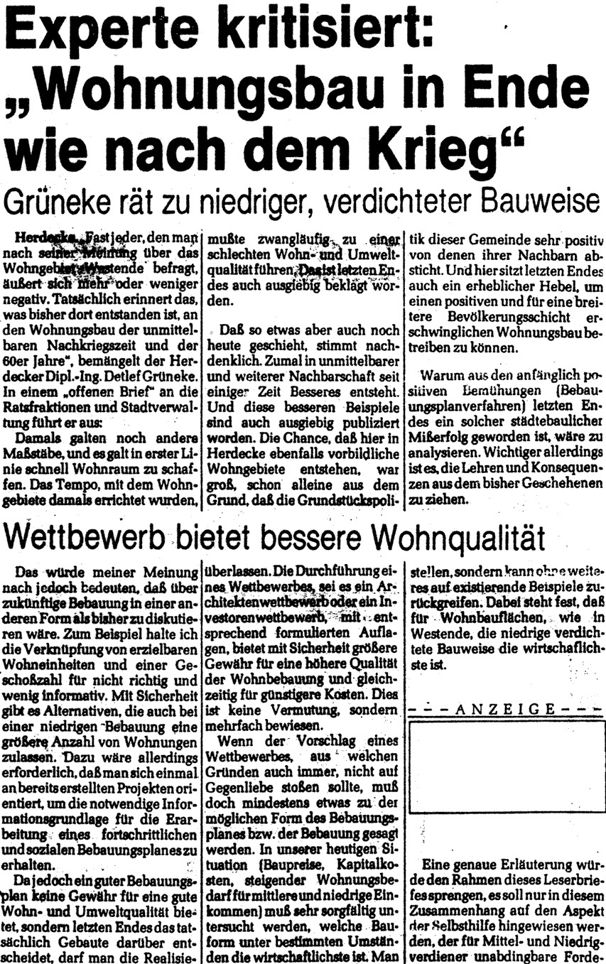 Experte kritisiert: Wohnungsbau in Ende wie nach dem Krieg. Grüneke rät zu niedriger, verdichteter Bauweise. 2.10.1981