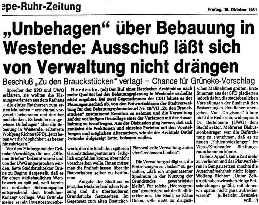 "Unbehagen" über Bebauung in Westende: Ausschluß läßt sich von Verwaltung nicht drängen. Beschluß "Zu den Brauckstücken" verlangt. 16.10.1981
