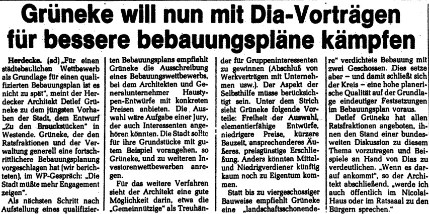 Grüneke will nun mit Dia-Vorträgen für bessere bebauungspläne kämpfen