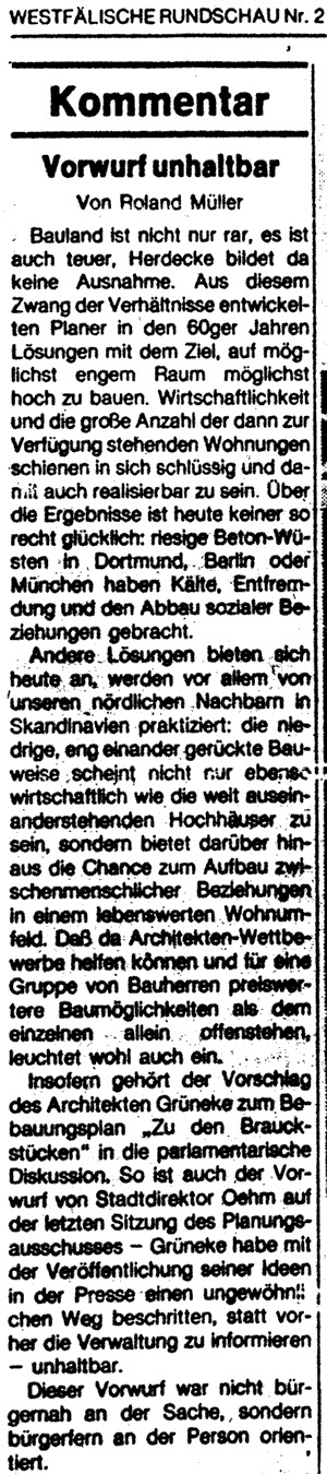 Westfälische Rundschau Nr.2. Kommentar - Vorwurf unhaltbar. Von Roland Müller. 10.11.1981