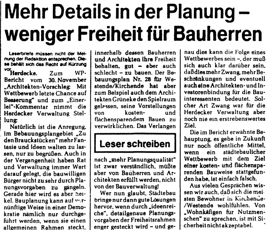 Mehr Deteils in der Planung - weniger Freiheit für Bauherren. 4.12.1985