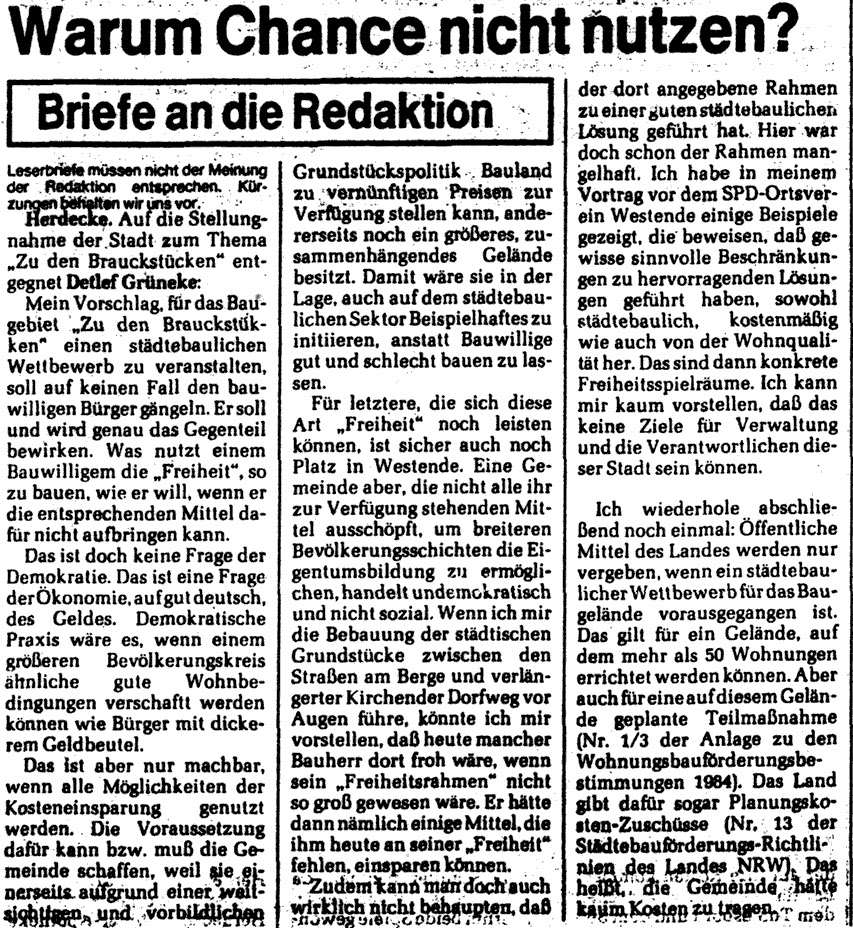 Warum Chance nicht nutzen? Briefe an die Redaktion. 7.12.1985